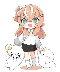 Rule 34 | 1girl, :d, animal, black shorts, blue eyes, blush stickers, boots, brown hair, chibi, chinese clothes, colored shadow, commentary, earrings, fang, hair bun, hair ornament, hairclip, highres, igarashi rika, jewelry, long hair, long sleeves, looking at viewer, multicolored hair, nijisanji, nozo (hitomiz), one side up, open mouth, seal (animal), shadow, shirt, shorts, simple background, single side bun, smile, solo, star (symbol), streaked hair, virtual youtuber, walking, white background, white boots, white hair, white shirt