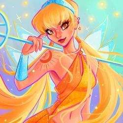 Rule 34 | 1girl, armpits, asymmetrical shirt, bare shoulders, blonde hair, blue background, blue hairband, blue wings, bracer, breasts, brown eyes, chibimica, collarbone, commentary, cowboy shot, crop top, cropped, ear piercing, earrings, english commentary, eyelashes, fairy, fairy wings, glitter, gradient background, hair tubes, hairband, happy, holding, holding staff, jewelry, light blush, light particles, lipstick, long hair, low twintails, magical girl, makeup, midriff, nail polish, navel, orange shirt, orange skirt, over shoulder, piercing, purple background, red lips, shirt, shoulder tattoo, sideboob, single strap, skirt, skirt set, sleeveless, sleeveless shirt, smile, solo, sparkle, staff, standing, star (symbol), stella (winx club), stud earrings, sun symbol, sun tattoo, tan, tattoo, third-party edit, twintails, very long hair, weapon, weapon over shoulder, white nails, wings, winx club