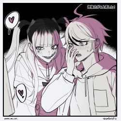 ahoge amemiya_darumi black_bow black_hair blush border bow hand_up heart highres hood hoodie japanese_text limited_palette makeup messy_hair multicolored_hair open_mouth runny_makeup simple_background speech_bubble sumino_takumi sweat teeth the_hundred_line_-last_defense_academy- translation_request twintails white_background white_border white_hair