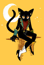 1girl black_coat black_fur body_fur cat_girl coat crescent_moon full_body furry furry_female high_heels highres looking_at_viewer momomo_906 moon multicolored_eyes original red_eyes red_sweater sitting solo sweater turtleneck turtleneck_sweater yellow_background yellow_eyes