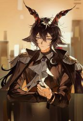 1boy absurdres animal_ears arknights ascot black_hair black_jacket brooch chunbuchou ebenholz_(arknights) epaulettes goat_ears hair_between_eyes highres horns jacket jewelry long_hair male_focus purple_eyes solo upper_body white_ascot