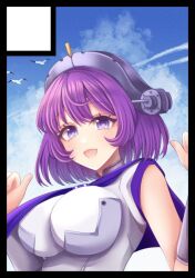 Rule 34 | 1girl, blue sky, breasts, circle cut, cloud, dress, headgear, kantai collection, large breasts, lexington (kancolle), looking at viewer, nagi kantai114, neckerchief, purple neckerchief, purple sailor collar, sailor collar, sailor dress, sky, smile, solo, upper body, w arms, white dress