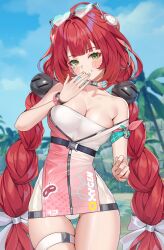 1girl bare_shoulders blue_sky blush braid breasts cleavage commentary_request eyewear_on_head green_eyes grin hair_ribbon heart heart-shaped_eyewear highleg highleg_one-piece_swimsuit highres long_hair looking_at_viewer matrix16 medium_breasts official_alternate_costume one-piece_swimsuit palm_tree red_hair ribbon skindentation sky smile solo sphere_hair_ornament swimsuit thigh_strap thighs tree twin_braids ukinami_yuzuha ukinami_yuzuha_(tanuki_in_broad_daylight) very_long_hair white_ribbon zenless_zone_zero