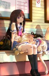 2girls absurdres bag black_bag black_hair black_shoes black_socks blonde_hair blue_sailor_collar blue_skirt bow bowtie closed_eyes commentary_request hair_ribbon hibike!_euphonium highres inoue_takina kitauji_high_school_uniform kneehighs lap_pillow loafers long_hair lycoris_recoil multiple_girls nishikigi_chisato no_smoking one_side_up open_mouth pink_bow pink_bowtie pleated_skirt purple_eyes red_ribbon ribbon sailor_collar school_bag school_uniform sengoku_chidori shirt shoes short_hair sidelocks sitting skirt sleeping sleeping_on_person socks white_shirt zipper_pull_tab