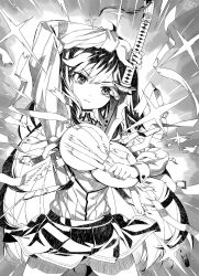Rule 34 | 1girl, between breasts, breasts, bursting breasts, clothes lift, exploding clothes, high school dxd, highres, junior high school dxd, large breasts, long hair, miniskirt, miyama-zero, miyamoto zeka, official art, panties, skirt, skirt lift, sword, torn clothes, underwear, weapon