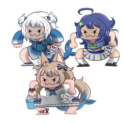 2025 3girls ahoge animal_ears artist_name cat_ears gawr_gura highres indie_virtual_youtuber multiple_girls sameko_saba sasuri_(vtuber)_(artist) senzawa shark_girl squatting tagme urisasuri voice_actor_connection white_background