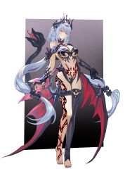 1girl absurdres blue_hair breasts castorice_(honkai:_star_rail) circlet claw_ring closed_eyes commentary_request crotch_plate dark_persona demon_girl demon_horns demon_tail demon_wings elbow_gloves full-body_tattoo full_body gloves grin highres honkai:_star_rail honkai_(series) horns large_variant_set long_hair looking_at_viewer low_wings medium_breasts paid_reward_available pointy_ears shen_hai_ichigo single_elbow_glove single_thighhigh smile solo stirrup_legwear tail tattoo thighhighs toeless_legwear variant_set very_long_hair wings