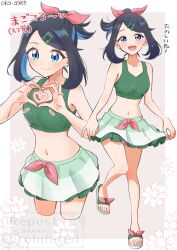 1girl bikini black_hair blue_eyes blue_hair blush bow closed_mouth green_bikini hair_bow hair_ornament hairclip heart heart_hands highres liko_(pokemon) looking_at_viewer midriff multicolored_hair navel nintendo oka_3776 open_mouth pokemon pokemon_(anime) pokemon_horizons sandals short_hair smile swimsuit