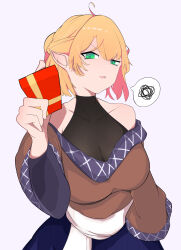 1girl absurdres ahoge black_shirt blonde_hair breasts brown_shirt commentary_request cowboy_shot futanoki gift green_eyes half_updo high_ponytail highres holding holding_gift large_breasts looking_at_viewer mizuhashi_parsee open_mouth pointy_ears ponytail sash see-through_cleavage see-through_clothes shirt short_hair simple_background sleeveless sleeveless_shirt solo spoken_squiggle squiggle touhou undershirt valentine white_background white_sash wide_sleeves