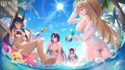 4girls absurdres animal_ears armlet arms_up ass azur_lane ball bare_shoulders beachball bikini black_bikini black_hair blonde_hair blue_eyes blue_sky blush breasts cleavage cleopatra_(azur_lane) cleopatra_(stars_and_roses)_(azur_lane) closed_eyes closed_mouth cloud collarbone commentary cup dark-skinned_female dark_skin day dreiworks english_commentary fake_animal_ears gold_bikini hair_between_eyes hands_up highres holding holding_cup jewelry large_breasts leaning_forward legs lion_(azur_lane) lion_(the_reclining_dandelion)_(azur_lane) long_hair looking_at_viewer manjuu_(azur_lane) multicolored_hair multiple_girls nail_polish navel official_alternate_costume open_mouth outdoors parted_lips pink_bikini purple_hair purple_nails purple_streaks sideboob sidelocks sitting sketch sky smile standing summer sun sunglasses swimsuit teeth thighs toes trafalgar_(azur_lane) trafalgar_(sea_breeze_moonlit_talks)_(azur_lane) trinidad_(azur_lane) upper_teeth_only white_bikini yellow_eyes