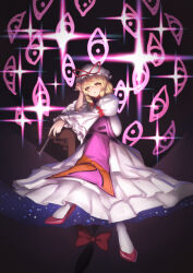 1girl black_background blonde_hair bow breasts dress floating folded_fan folding_fan gap_(touhou) hand_fan hat hat_ribbon highres holding holding_fan huge_breasts leaning leaning_on_object long_hair long_sleeves mob_cap parted_lips purple_tabard qingmingtongzi red_bow red_ribbon red_shoes ribbon shoes sleeve_bow socks solo tabard touhou white_dress white_socks wide_sleeves yakumo_yukari