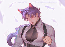 1boy animal_ears artist_name bell black_hair cat_boy cat_ears cat_tail fish heart heart-shaped_pupils kemonomimi_mode large_pectorals looking_at_viewer love_and_deepspace male_focus muscular muscular_male neck_bell paid_reward_available parted_lips pectoral_cleavage pectorals pink_eyes pink_hair rafayel_(love_and_deepspace) shark_onni short_hair simple_background solo symbol-shaped_pupils tail upper_body white_background