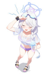 1girl ahoge arm_up bikini blue_archive braid breasts cleavage closed_eyes commentary_request crop_top cup full_body goggles goggles_on_head hair_over_shoulder halo highres holding holding_cup kirino_(blue_archive) kirino_(swimsuit)_(blue_archive) korean_commentary large_breasts long_hair navel no_pants official_alternate_costume open_mouth purple_bikini sandals second-party_source see-through_clothes see-through_shirt shirt short_sleeves side-tie_shirt single_braid smile solo standing stomach swimsuit thighs v-shaped_eyebrows very_long_hair wet wet_clothes wet_shirt white_hair white_shirt wristband ysoa26