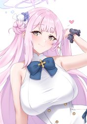 1girl absurdres blue_archive blue_bow blush bow breasts crimecrime dress dress_bow flower hair_bun hair_flower hair_ornament halo hand_in_own_hair heart highres large_breasts long_hair looking_at_viewer mika_(blue_archive) pink_hair purple_flower scrunchie simple_background single_side_bun sleeveless sleeveless_dress smile solo upper_body white_background white_dress wrist_scrunchie yellow_eyes