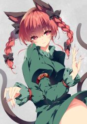 1girl animal_ears black_bow bow braid breasts cat_ears cat_girl closed_mouth commentary dress extra_ears fingernails green_dress grey_background groin hair_bow highres juliet_sleeves kaenbyou_rin large_breasts long_fingernails long_sleeves looking_at_viewer medium_breasts medium_hair no_panties pink_nails pointy_ears puffy_sleeves red_eyes red_hair sakurame side_braids simple_background smile solo touhou twin_braids
