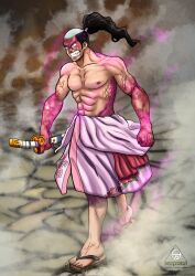 Rule 34 | 1boy, abs, alternate form, angry, artist name, black eyes, black hair, chasenmage, clenched hand, clenched teeth, commentary, commentary request, devil fruit power, empestiart, english commentary, fangs, full body, high ponytail, highres, holding, holding sword, holding weapon, katana, kouzuki momonosuke, male focus, mixed-language commentary, one piece, outdoors, ponytail, portuguese commentary, sandals, signature, solo, standing, sword, teeth, topless male, weapon