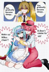 3girls absurdres akita_neru apron aqua_hair black_choker black_eyes black_footwear black_necktie black_socks blonde_hair blue_background blue_dress blue_hat blue_shirt breasts bright_pupils buttons choker collared_shirt commentary double-breasted dress dress_shirt drill_hair empty_eyes english_text engrish_text evil_smile expressionless eyelashes frilled_apron frills gloves gradient_background grid_background hair_between_eyes hair_intakes hair_ribbon hat hatsune_miku highres holding holding_pendulum hug hypnosis kasane_teto kneeling long_bangs long_hair mesmerizer_(vocaloid) mind_control multiple_girls name_tag necktie nervous nervous_sweating open_mouth pants parted_lips pendulum pinstripe_dress pinstripe_hat pinstripe_pattern puffy_short_sleeves puffy_sleeves ranguage red_eyes red_footwear red_hair red_hat red_pants red_suspenders ribbon roller_skates scared shaded_face shirohanamame_(shiroha_nmm) shirt short_sleeves side_ponytail sitting skates sleeves_rolled_up small_breasts smile smiley_hair_ornament socks striped_clothes striped_dress striped_headwear striped_shirt striped_socks suspenders sweat teeth triple_baka_(vocaloid) twin_drills twintails two-tone_dress two-tone_hat two-tone_socks unconscious upper_teeth_only utau vertical-striped_clothes vertical-striped_dress vertical-striped_headwear vertical-striped_shirt vertical-striped_socks very_long_hair vest visor_cap vocaloid waist_apron white_apron white_background white_dress white_hat white_pupils white_ribbon white_shirt white_socks yellow_eyes yellow_gloves yellow_vest yokozuwari