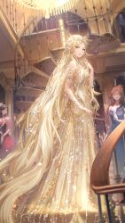 Rule 34 | 1girl, absurdly long hair, absurdres, artist request, ballroom, bare shoulders, blonde hair, circlet, dress, expressionless, faceless, faceless female, full body, game cg, gold armlet, gold circlet, gold necklace, gown, green eyes, highres, indoors, jewelry, lips, long dress, long hair, necklace, night, nikki (series), official art, parted lips, people, pillar, pink lips, railing, shimmering star (shining nikki), shining nikki, solo focus, sparkle, spiral staircase, stairs, standing, third-party source, very long hair, wavy hair, window, yellow dress, yesenia (shining nikki)