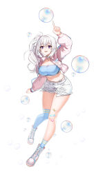 1girl absurdres arm_up blue_shirt blue_socks blue_thighhighs boots breasts choker closers crop_top exposed_pocket full_body highres index_finger_raised jacket large_breasts levia_(closers) long_hair long_sleeves looking_at_viewer midriff navel official_art open_clothes open_jacket open_mouth pink_boots pink_jacket pointy_ears purple_eyes shirt short_shorts shorts side_ponytail single_sock single_thighhigh smile socks solo thighhighs thighs torn_clothes torn_shorts white_choker white_hair white_shorts