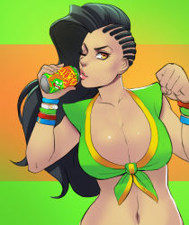 1girl ;) asymmetrical_hair black_hair blanka bracelet brazil breasts brown_eyes cameo can cleavage clenched_hand cornrows crop_top dark-skinned_female dark_skin drink_can female_focus front-tie_top greenmarine highres jewelry large_breasts laura_matsuda lips long_hair looking_at_viewer midriff navel nose one_eye_closed smile soda_can solo stomach street_fighter street_fighter_v upper_body vest wavy_hair wristband