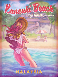 2girls ad alternate_costume ass beach beach_chair beach_umbrella belly_chain bikini blonde_hair blue_bikini butt_crack capcom capelet chun-li commentary day double_bun english_commentary english_text flat_ass from_behind hat highres hotel jewelry kanzuki_karin long_hair maddestmao multiple_girls ocean reclining ringlets side-tie_bikini_bottom solo_focus street_fighter street_fighter_v sun_hat swimsuit umbrella wading white_bikini