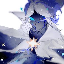 Rule 34 | 1boy, angry, antenna hair, aqua nails, aqua sclera, black cloak, black shirt, black skin, blood, blood on face, blood on hands, blue blood, blue eyes, blue hair, brooch, clenched teeth, cloak, collared cloak, collared shirt, colored eyelashes, colored sclera, colored skin, cookie run, cookie run: kingdom, film grain, from above, hand up, heterochromia, highres, humanization, jewelry, looking at viewer, male focus, mismatched eyelashes, multicolored hair, nail polish, parted bangs, senlly 2507, shirt, short hair, sidelocks, simple background, solo, sparkle, star brooch, stardust cookie, sweatdrop, teeth, two-tone hair, upper body, v-shaped eyebrows, white background, white hair, yellow brooch
