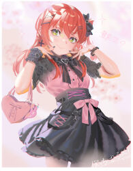 Rule 34 | 1girl, alphonse (white datura), alternate costume, black nails, bocchi the rock!, buckle, corset, cross, cross-laced clothes, cross-laced corset, cross earrings, dress, earrings, frilled dress, frilled shirt, frilled skirt, frills, gotoh hitori, green eyes, hair between eyes, heart, heart-shaped buckle, highres, jewelry, kita ikuyo, lolita fashion, long hair, looking at viewer, pink bag, red hair, shirt, simple background, skirt, smile, solo
