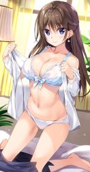 1girl bare_legs bed_sheet blue_eyes blush bra breasts brown_hair cleavage clothes_pull curtains earrings female_focus half_updo jewelry kneeling large_breasts leaf long_hair looking_at_viewer navel open_clothes original oryo_(oryo04) panties shirt skirt skirt_down skirt_pull smile solo underwear undressing white_bra white_panties white_shirt window