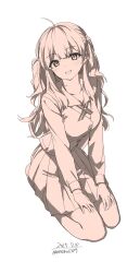 1girl absurdres ahoge bow breasts collarbone highres long_hair long_sleeves looking_at_viewer medium_breasts mole mole_on_neck monochrome open_mouth original school_uniform seiza shirt simple_background sitting skirt smile solo teeth unasaka_ryou white_background
