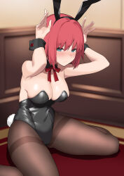 1girl animal_ear_hairband animal_ears black_collar black_leotard black_pantyhose black_wrist_cuffs blue_eyes bow bowtie breasts collar commission covered_navel detached_collar embarrassed fake_animal_ears hairband highres hisui_(tsukihime) leotard looking_at_viewer medium_breasts neck_ribbon oregano_(olgn_eao) pantyhose pixiv_commission playboy_bunny rabbit_ears rabbit_pose rabbit_tail red_hair red_ribbon ribbon short_hair sitting solo strapless strapless_leotard tail thighband_pantyhose tsukihime wariza wrist_cuffs