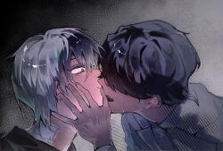 Rule 34 | 2boys, alien stage, black hair, black shirt, commentary, english commentary, grey eyes, grey hair, highres, ivan (alien stage), kiss, male focus, multiple boys, open mouth, shirt, short hair, tears, till (alien stage), white shirt, yaoi, yezi0331