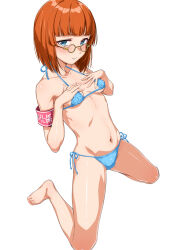 1girl barefoot bikini blue_bikini blue_eyes blunt_bangs blush bob_cut breasts closed_mouth collarbone commentary_request covered_erect_nipples glasses hands_on_own_chest hands_up highres kneeling looking_at_viewer medium_breasts micro_bikini navel orange_hair original perky_breasts round_eyewear side-tie_bikini_bottom smile solo stomach swimsuit thighs toes tsukimoto_kizuki