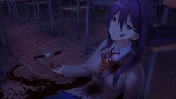 1girl arms_at_sides blazer blood blood_on_body blood_on_clothes blood_on_face blood_on_ground blood_on_hands blood_splatter blood_stain blood_trail bloody_knife blue_skirt breasts brown_jacket brown_sweater_vest button_gap buttons classroom collared_shirt corpse dark death decay desk doki_doki_literature_club doki_doki_literature_club_school_uniform dot_nose double-parted_bangs dress_shirt dried_blood empty_eyes eyebrows_hidden_by_hair fallen_down fingernails game_cg grey_jacket hair_between_eyes hair_intakes hair_ornament hairclip half-closed_eyes highres horror_(theme) impossible_clothes indoors injury jacket knife large_breasts leaning_back leaning_on_object light_smile long_eyelashes long_hair long_sidelocks long_sleeves neck_ribbon night non-web_source official_art on_floor open_hands pale_skin parted_lips pleated_skirt pool_of_blood purple_eyes purple_hair raised_inner_eyebrows red_ribbon ribbon satchely school school_desk school_uniform self-harm shirt sidelocks sitting skirt smile solo spoilers stab suicide sweater_vest teeth thick_eyelashes upper_body variant_set very_long_hair wing_collar wooden_chair wooden_desk wooden_floor yuri_(doki_doki_literature_club)