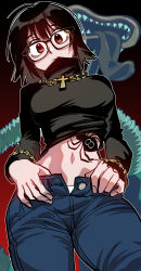 1girl absurdres black_sweater blinky_(hunter_x_hunter) blue_pants bracelet breasts chain chain_bracelet chain_necklace closed_mouth commentary cropped_sweater glasses gradient_background hair_between_eyes highres hunter_x_hunter jewelry long_sleeves margare medium_breasts midriff necklace panties pants red_eyes sharp_teeth shizuku_murasaki simple_background spider_tattoo stomach sweater symbol-only_commentary tattoo teeth turtleneck turtleneck_sweater underwear vacuum_cleaner