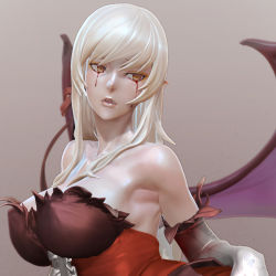 1girl 3d armpits bare_shoulders bat_wings blonde_hair blood bloody_tears breasts dress fangs female_focus kiss-shot_acerola-orion_heart-under-blade kizumonogatari large_breasts leslyzerosix lips long_hair monogatari_(series) open_mouth oshino_shinobu red_dress solo strapless vampire wings