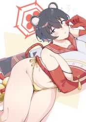 Rule 34 | 1girl, animal ear fluff, animal ears, bikini, black eyes, black hair, blue archive, blush, breast curtain, breasts, commentary request, elbow gloves, gloves, gold bikini, hair between eyes, halo, highres, kokuya (kokuya28), large breasts, navel, parted lips, raccoon ears, raccoon girl, red gloves, red halo, rope, shimenawa, short hair, side-tie bikini bottom, simple background, sleepy, swimsuit, tassel, tearing up, tsubaki (blue archive), waking up, white background