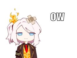 1girl ardor_blossom_star_(e.g.o) blue_eyes brown_coat closed_mouth coat e.g.o_(project_moon) faust_(project_moon) fire lapels lce_(identity)_(project_moon) limbus_company necktie notched_lapels orange_vest project_moon red_necktie short_hair side_ponytail solo vest white_hair yongsa_(ishmaelenjoyer)