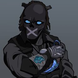 1boy absurdres blue_eyes bodysuit chest_harness commentary commission counter-strike_(series) counter-strike_2 english_commentary gloves grey_background grey_bodysuit grey_gloves harness highres holding holding_knife hugo_(rushbordie) karambit knife looking_at_viewer male_focus mask masked reverse_grip sir_bloody_silent_darryl solo upper_body