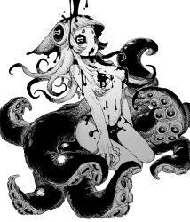 Rule 34 | 1girl, black sclera, blunt bangs, breasts, cephalopod eyes, colored sclera, crosshatching, drooling, greyscale, hatching (texture), hb 091, highres, hikimayu, ink, ink on breast, medium breasts, monochrome, monster girl, nude, open mouth, original, simple background, solo, suction cups, tentacle hair, tentacles, white background