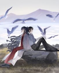2boys :d absurdres back-to-back bird bird_on_hand black_hair blurry bochishiraita chinese_clothes closed_eyes collared_shirt crow&#039;s_eye_view_(e.g.o) depth_of_field double-parted_bangs dove from_side grass hair_between_eyes hair_flowing_over hand_on_own_leg hanfu high_ponytail highres hong_lu_(project_moon) knee_up land_of_illusion_(e.g.o) limbus_company long_hair long_sidelocks looking_at_another looking_back male_focus mountainous_horizon multiple_boys ocean on_rock open_mouth outstretched_legs ponytail project_moon red_hanfu red_sweater shirt short_hair sidelocks sitting smile suspenders sweater too_many too_many_birds vertical-striped_robe very_long_hair white_shirt yi_sang_(project_moon)