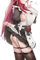 1girl absurdres ass breasts cleavage clothes_lift commentary dress drill_hair english_commentary frills head_out_of_frame highres hololive hololive_english horns irys_(hololive) irys_(maid)_(hololive) knees_out_of_frame large_breasts long_hair long_sleeves maid official_alternate_costume official_alternate_hairstyle open_mouth panties puffy_sleeves red_hair simple_background skirt skirt_lift solo somebody_(leiking00) underwear virtual_youtuber white_background