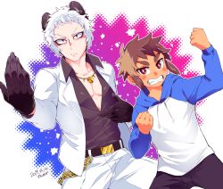 Rule 34 | 2boys, animal ears, bell, belt, black belt, black gloves, black shirt, bright pupils, brown eyes, brown hair, chain, character name, clenched hands, closed mouth, collared shirt, dated, den1208, drawstring, fighting stance, gloves, gold chain, grimace, highres, hood, hood down, jacket, jewelry, kaiten muten-maru sushi pet, looking at viewer, male focus, multiple boys, necklace, panda boy, panda ears, pectoral cleavage, pectorals, raglan sleeves, red eyes, shirt, short hair, signature, white hair, white jacket, white pupils