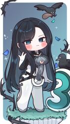 1girl bird black_hair blue_eyes bodysuit cleavage_cutout clothing_cutout countdown_illustration crow deformed grass highres long_hair looking_at_viewer official_art on_grass raven_(stellar_blade) silver_bodysuit stellar_blade
