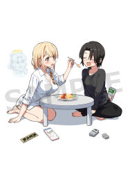 2girls barefoot black_hair black_pants blonde_hair blush breasts brown_eyes cellphone chabudai_(table) cigarette cleavage closed_eyes collarbone collared_shirt eating feeding food ghost hair_between_eyes halo holding holding_spoon hundredburger indian_style kuro_(ninkoro) kusagakure_ayaka leaning_forward lighter long_hair long_sleeves multiple_girls naked_shirt newspaper ninja_to_koroshiya_no_futarigurashi official_art omelet omurice open_mouth pants phone profile sample_watermark seiza shirt short_hair simple_background sitting smartphone smile spoon table thighs watermark white_background white_shirt yellow_halo yuriko_(ninkoro)