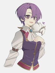 1girl animal animal_on_shoulder ascot bird bird_on_shoulder breasts brooch curtained_hair eiyuu_densetsu george_man grey_background heart highres jewelry kloe_rinz long_sleeves looking_at_viewer medium_breasts open_mouth parted_bangs portrait purple_eyes purple_hair short_hair simple_background smile sora_no_kiseki upper_body vest waistcoat white_ascot wing_collar