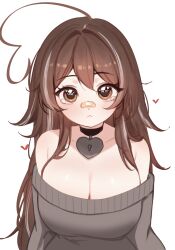 1girl :&lt; absurdres ahoge bandaid bandaid_on_face bandaid_on_nose bare_shoulders black_choker breasts brown_eyes brown_hair choker cleavage closed_mouth commentary double-parted_bangs english_commentary grey_sweater hair_over_breasts heart heart-shaped_lock heart_ahoge heart_choker heart_in_eye highres huge_ahoge indie_virtual_youtuber large_breasts light_blush long_hair long_sleeves looking_at_viewer multicolored_hair off-shoulder_sweater off_shoulder simple_background sky_above_me sky_above_me_(vtuber) solo straight-on streaked_hair sweater symbol_in_eye tearing_up text_in_eyes upper_body very_long_hair virtual_youtuber white_background white_streaks
