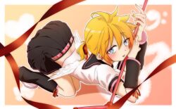 1boy arm_warmers bass_clef belt black_arm_warmers black_skirt blonde_hair blue_eyes blush crossdressing earrings gakkusi_524 heart heart-shaped_pupils heart_earrings highres holding holding_microphone holding_microphone_stand jewelry kagamine_len loose_socks male_focus microphone microphone_stand midriff miniskirt musical_note nail_polish otoko_no_ko_memorable_(vocaloid) pink_shoes red_ribbon ribbon shoes simple_background skirt socks solo symbol-shaped_pupils vocaloid yellow_nails