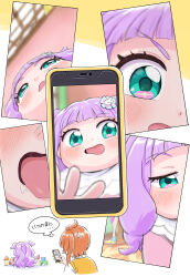 1boy 1girl absurdres aqua_eyes baby blunt_bangs blush cellphone collared_shirt commentary cropped_torso ellee-chan eyelashes from_behind hair_ornament hairclip half-closed_eyes highres hirogaru_sky!_precure holding holding_phone indoors itou_shin&#039;ichi jumpsuit long_hair multiple_views one_side_up onesie open_mouth orange_hair orange_vest phone pink_jumpsuit precure purple_hair saliva selfie shirt single_sidelock smartphone smile sparkling_eyes speech_bubble sweatdrop tareme thought_bubble tongue toy_block translation_request two_side_up very_long_hair vest wavy_hair white_shirt wing_hair_ornament yuunagi_tsubasa