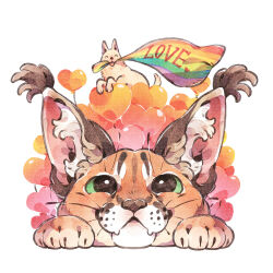 Rule 34 | :3, animal, animal ear fluff, animal focus, animalk, balloon, caracal, commentary, dog, ear tufts, fangs, green eyes, heart balloon, highres, large ears, lgbt pride, looking at viewer, no humans, original, pride month, rainbow flag, simple background, smile, symbol-only commentary, white background