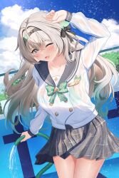 Rule 34 | 1girl, absurdres, arm up, black bow, black hairband, blue sky, blush, bow, bowtie, bra, bra visible through clothes, buttons, collarbone, commentary request, cowboy shot, day, double-breasted, firefly (honkai: star rail), firefly (spring missive) (honkai: star rail), gradient hair, green bow, green bowtie, green bra, green eyes, green hair, grey hair, grey sailor collar, grey skirt, hair bow, hair intakes, hairband, highres, holding, holding hose, honkai: star rail, honkai (series), hose, long hair, long sleeves, looking at viewer, multicolored hair, one eye closed, open mouth, outdoors, plaid clothes, plaid skirt, pool, sailor collar, school uniform, serafuku, shirt, shouhaku0512, skirt, sky, smile, solo, thighs, underwear, wet, wet clothes, wet shirt, white shirt